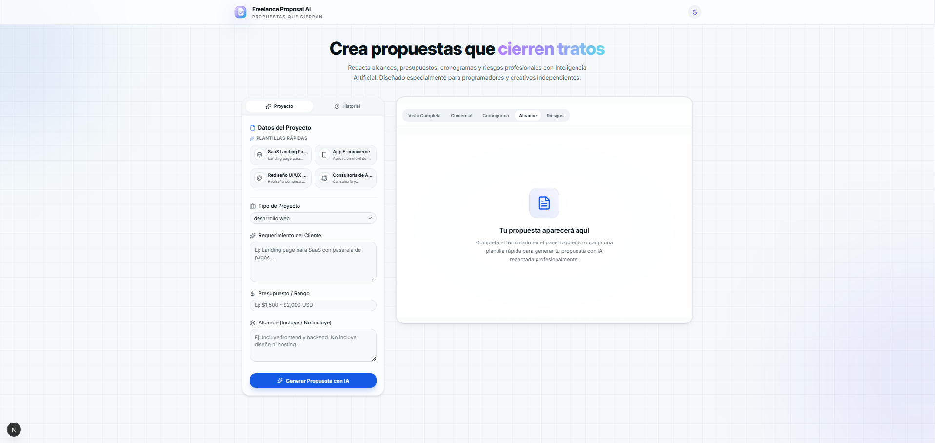 Captura de pantalla del proyecto Generador de Propuestas con IA